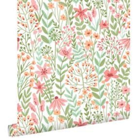 ESTAhome papier peint fleurs des champs vert, rose et orange chaude - 0.53 x 10.05 m - 139673