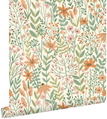 ESTAhome papier peint fleurs des champs vert, rose et terracotta claire - 0.53 x 10.05 m - 139671