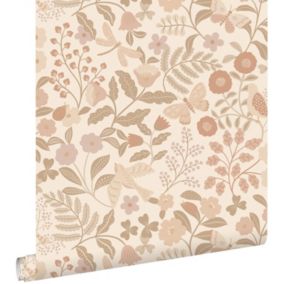 ESTAhome papier peint fleurs et oiseaux beige et rose clair - 0.53 x 10.05 m - 139868