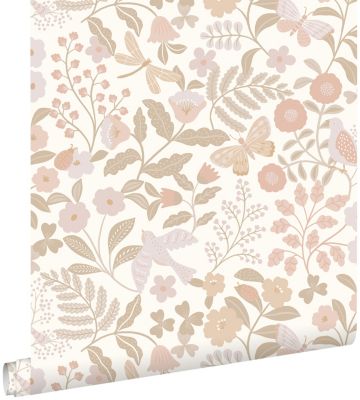 ESTAhome papier peint fleurs et oiseaux blanc, beige et rose clair - 0.53 x 10.05 m - 139866