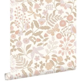 ESTAhome papier peint fleurs et oiseaux blanc, beige et rose clair - 0.53 x 10.05 m - 139866