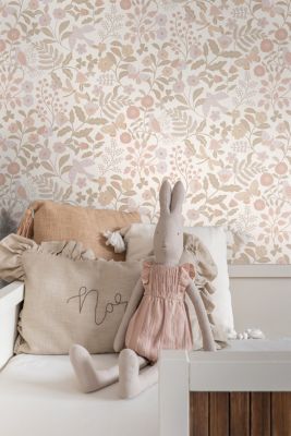 ESTAhome papier peint fleurs et oiseaux blanc, beige et rose clair - 0.53 x 10.05 m - 139866