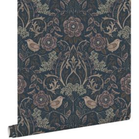 ESTAhome papier peint fleurs et oiseaux bleu foncé et vieux rose - 0.53 x 10.05 m - 139832