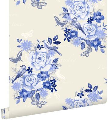 ESTAhome papier peint fleurs et oiseaux bleu indigo - 53 cm x 10,05 m - 138124