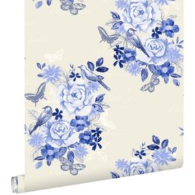 ESTAhome papier peint fleurs et oiseaux bleu indigo - 53 cm x 10,05 m - 138124