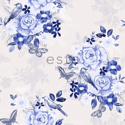 ESTAhome papier peint fleurs et oiseaux bleu indigo - 53 cm x 10,05 m - 138124