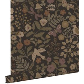 ESTAhome papier peint fleurs et oiseaux brun foncé, vert olive grisé et lilas violet - 50 x 900 cm - 139872