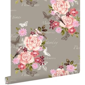 ESTAhome papier peint fleurs et oiseaux brun sépia - 53 cm x 10,05 m - 138121