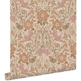 ESTAhome papier peint fleurs et oiseaux de style art nouveau beige, terracotta et vieux rose - 0.53 x 10.05 m - 139567