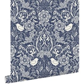 ESTAhome papier peint fleurs et oiseaux de style art nouveau bleu foncé - 50 x 900 cm - 139435