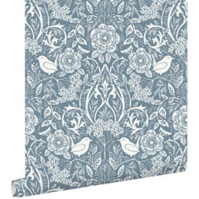 ESTAhome papier peint fleurs et oiseaux de style art nouveau bleu gris - 0.53 x 10.05 m - 139477