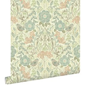 ESTAhome papier peint fleurs et oiseaux de style art nouveau bleu gris, marron et vieux rose - 0,53 x 10,05 m - 139323