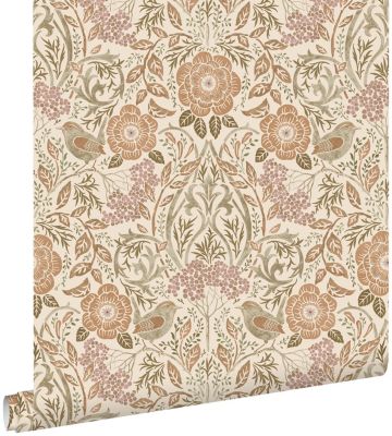 ESTAhome papier peint fleurs et oiseaux de style art nouveau couleur sable, beige et vieux rose 53 cm x 10.05 m