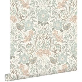 ESTAhome papier peint fleurs et oiseaux de style art nouveau vert grisé, marron et rose pêche - 53 cm x 10,05 m - 139294