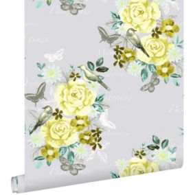 ESTAhome papier peint fleurs et oiseaux jaune - 53 cm x 10,05 m - 138123