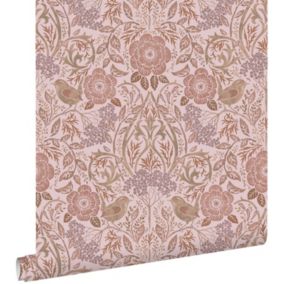 ESTAhome papier peint fleurs et oiseaux lilas violet et rose terracotta - 50 x 900 cm - 139830