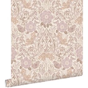 ESTAhome papier peint fleurs et oiseaux sable beige et lilas violet - 0.53 x 10.05 m - 139829