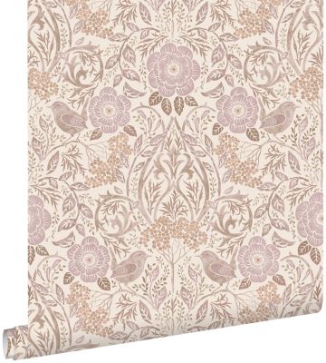 ESTAhome papier peint fleurs et oiseaux sable beige et lilas violet 53 cm x 10.05 m