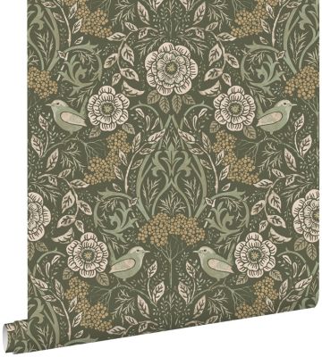 ESTAhome papier peint fleurs et oiseaux vert foncé - 50 x 900 cm - 139831