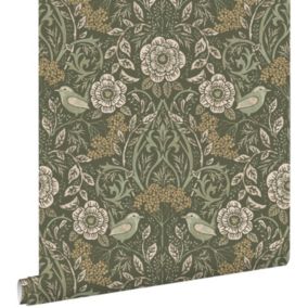 ESTAhome papier peint fleurs et oiseaux vert foncé - 50 x 900 cm - 139831