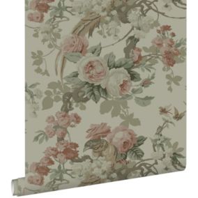 ESTAhome papier peint fleurs et oiseaux vert grisé - 50 x 900 cm - 139810