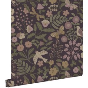 ESTAhome papier peint fleurs et oiseaux violet aubergine, vert olive grisé et lilas violet - 50 x 900 cm - 139871