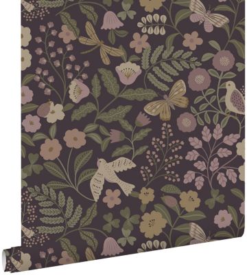 ESTAhome papier peint fleurs et oiseaux violet aubergine, vert olive grisé et lilas violet 53 cm x 10.05 m