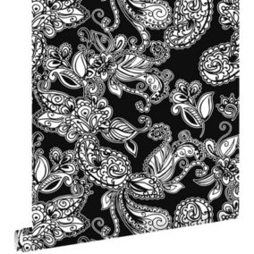 ESTAhome papier peint fleurs et paisleys noir et blanc - 53 cm x 10,05 m - 136844