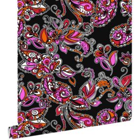 ESTAhome papier peint fleurs et paisleys noir et rouge - 53 cm x 10,05 m - 136842