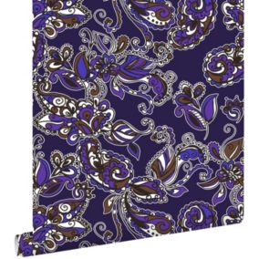 ESTAhome papier peint fleurs et paisleys violet et marron - 53 cm x 10,05 m - 136843