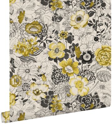 ESTAhome papier peint fleurs jaune ocre et beige 53 cm x 10.05 m