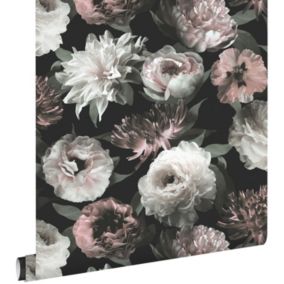 ESTAhome papier peint fleurs noir, blanc et rose clair - 0,53 x 10,05 m - 139169