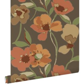 ESTAhome papier peint fleurs orange et vert grisé - 50 x 900 cm - 130990