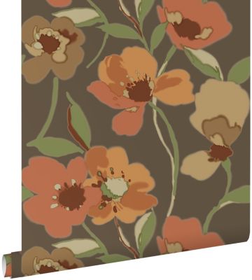 ESTAhome papier peint fleurs orange et vert grisé 50 x 900 cm