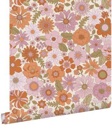 ESTAhome papier peint fleurs rétro violet et orange 53 cm x 10.05 m