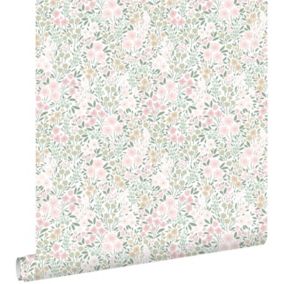 ESTAhome papier peint fleurs rose clair et vert - 53 cm x 10,05 m - 139532