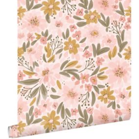 ESTAhome papier peint fleurs rose clair, jaune ocre et vert grisé - 50 x 900 cm - 130923