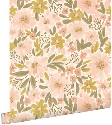 ESTAhome papier peint fleurs rose clair, jaune ocre et vert grisé - 50 x 900 cm - 130924