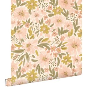 ESTAhome papier peint fleurs rose clair, jaune ocre et vert grisé - 50 x 900 cm - 130924