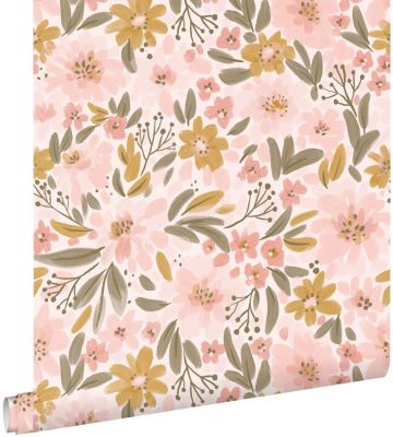 ESTAhome papier peint fleurs rose clair, jaune ocre et vert grisé 50 x 900 cm