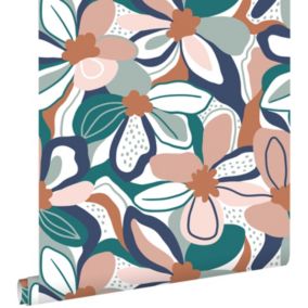 ESTAhome papier peint fleurs rose clair, terracotta et bleu - 50 x 900 cm - 139630