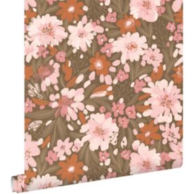 ESTAhome papier peint fleurs rose clair, terracotta et vert grisé - 50 x 900 cm - 130926