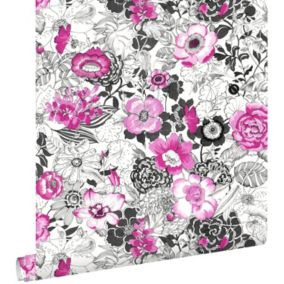 ESTAhome papier peint fleurs rose et noir - 53 cm x 10,05 m - 138504