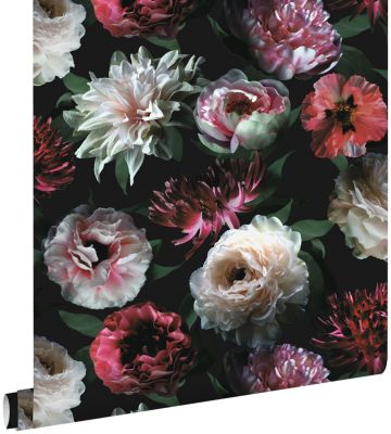 ESTAhome papier peint fleurs rose, noir et vert foncé - 0,53 x 10,05 m - 139168