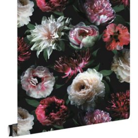 ESTAhome papier peint fleurs rose, noir et vert foncé - 0,53 x 10,05 m - 139168