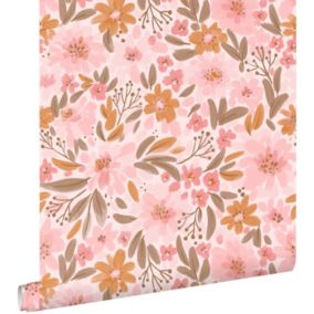 ESTAhome papier peint fleurs rose, orange et vert grisé - 50 x 900 cm - 130925