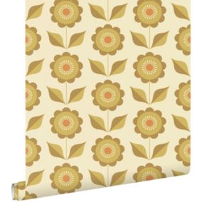 ESTAhome papier peint fleurs vert olive grisé et jaune ocre - 50 x 900 cm - 130978