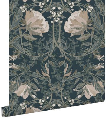 ESTAhome papier peint fleurs vintage de style art nouveau bleu foncé 53 cm x 10.05 m