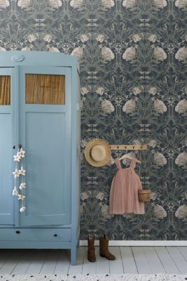 ESTAhome papier peint fleurs vintage de style art nouveau bleu foncé 53 cm x 10.05 m