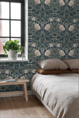 ESTAhome papier peint fleurs vintage de style art nouveau bleu foncé 53 cm x 10.05 m